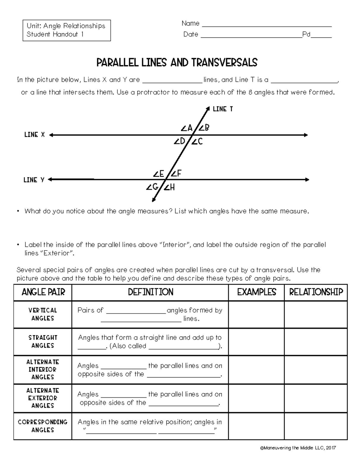 01 Parallel Lines & Transversals: Angle Relationships Handout - Studocu