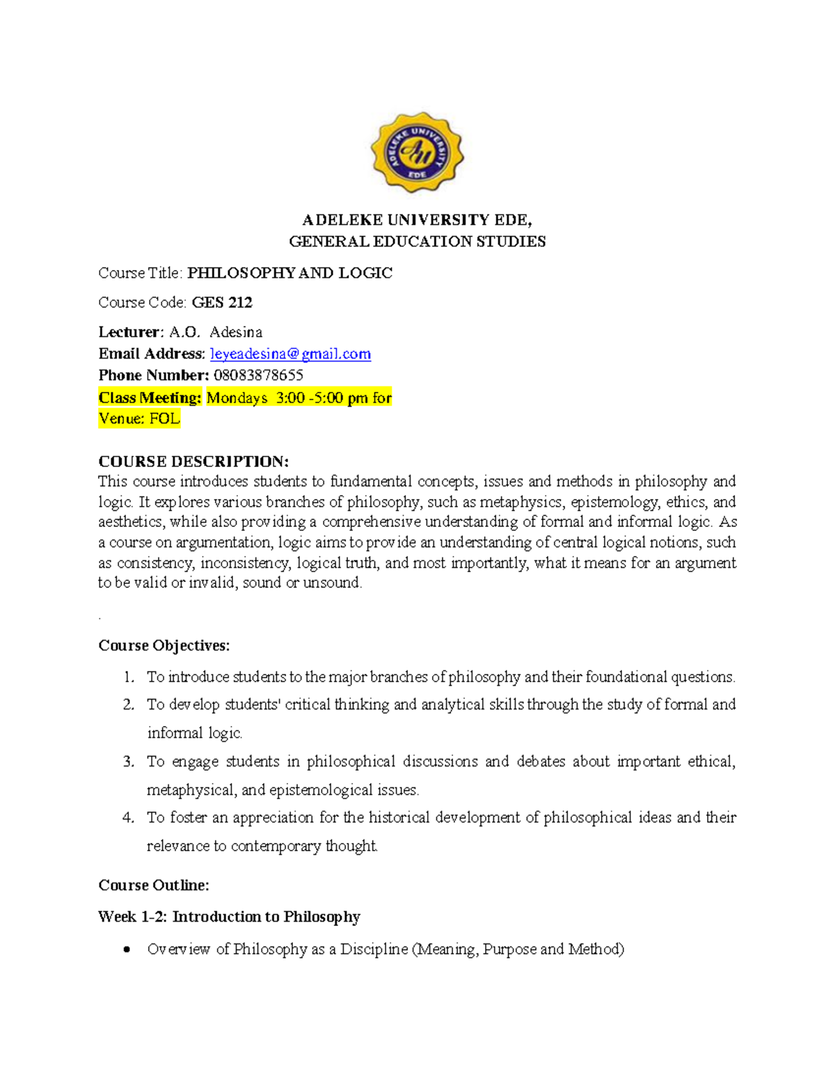 GES 212 Course Outline: Philosophy and Logic (2023-2024 Session) - Studocu