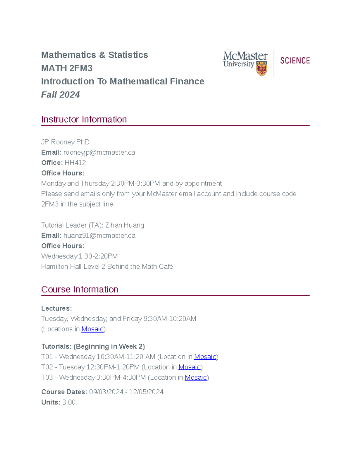 Fall 2024 MATH 2FM3 Mathematical Finance Course Outline - Studocu