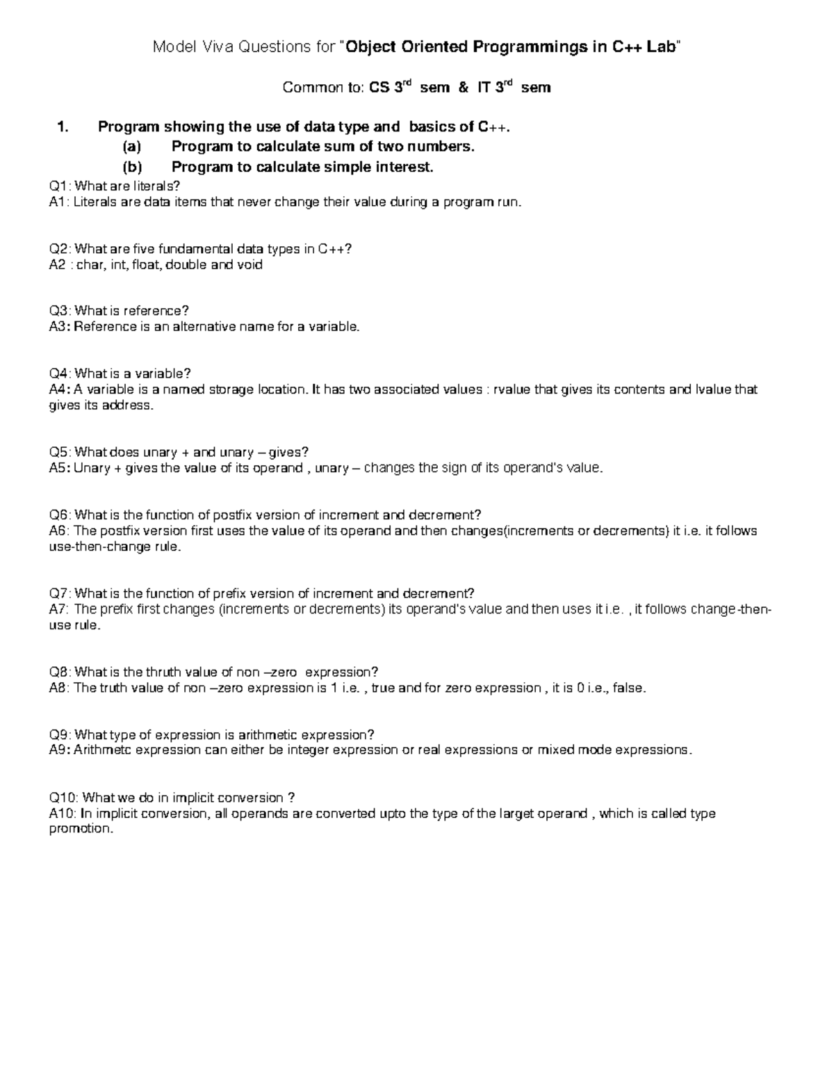 Model Viva Questions for OOPS in C++ Lab (CS & IT 3rd Sem) - Studocu