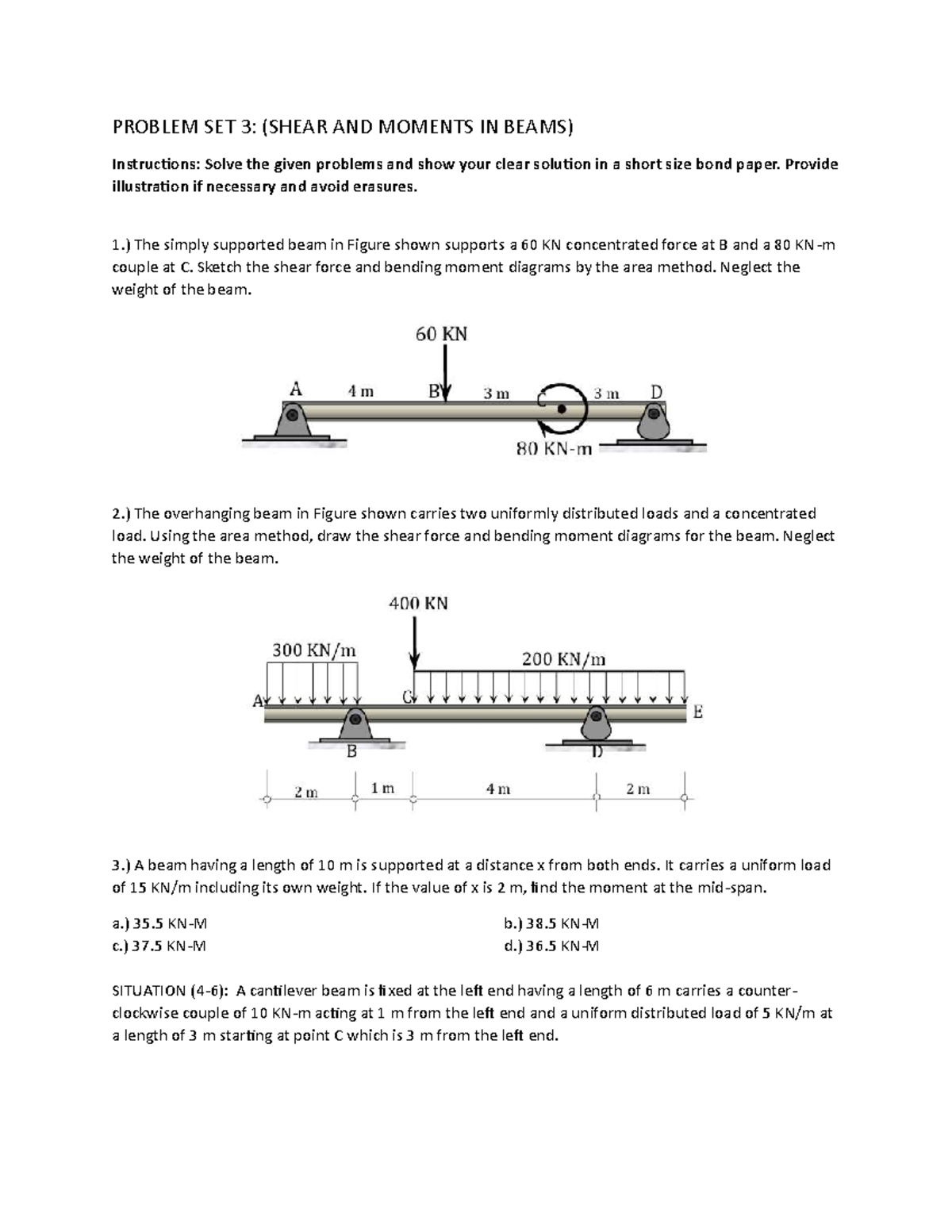 Problem Set 3: Shear and Moment Diagrams in Beams (ENGR 101) - Studocu