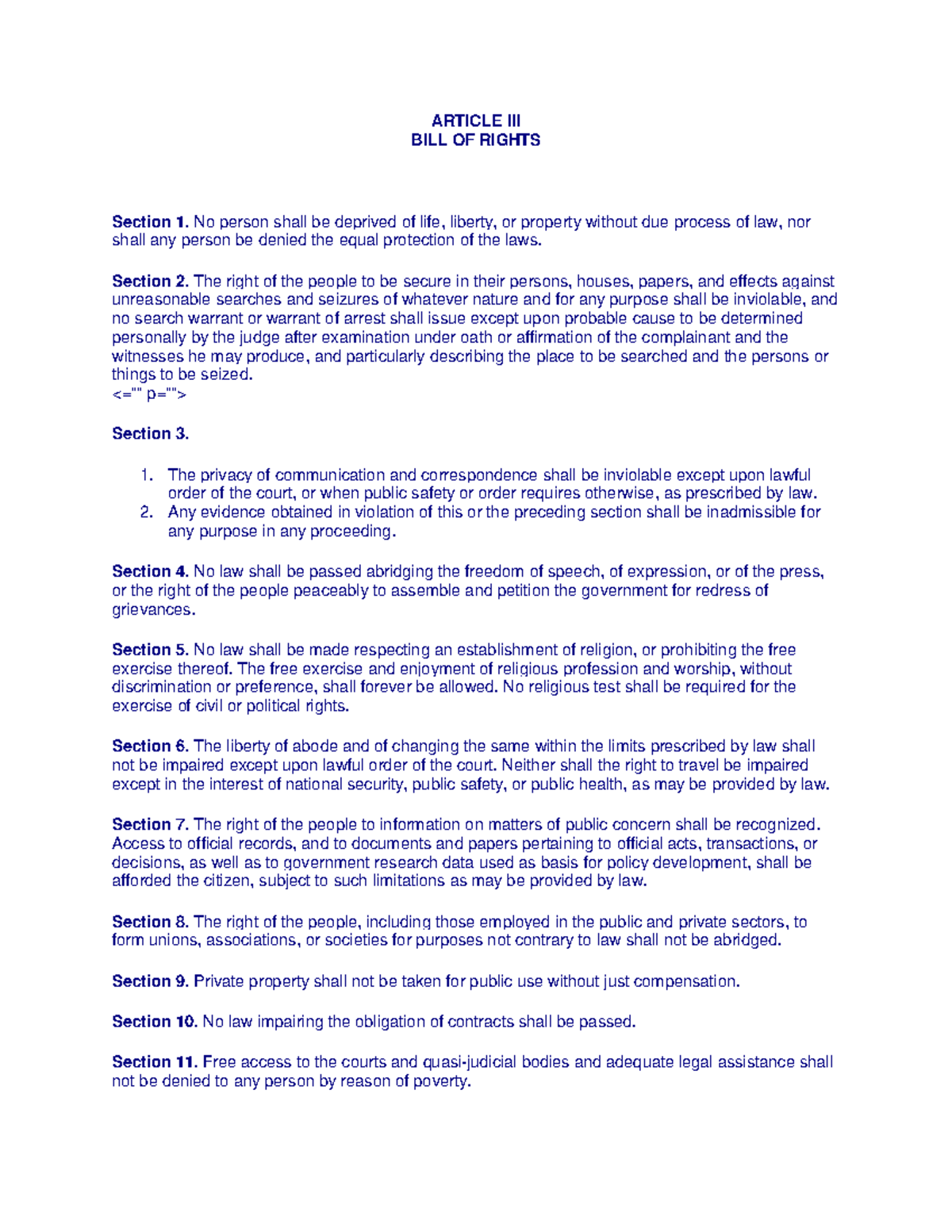 Article III: Bill of Rights - Key Provisions and Protections - Studocu