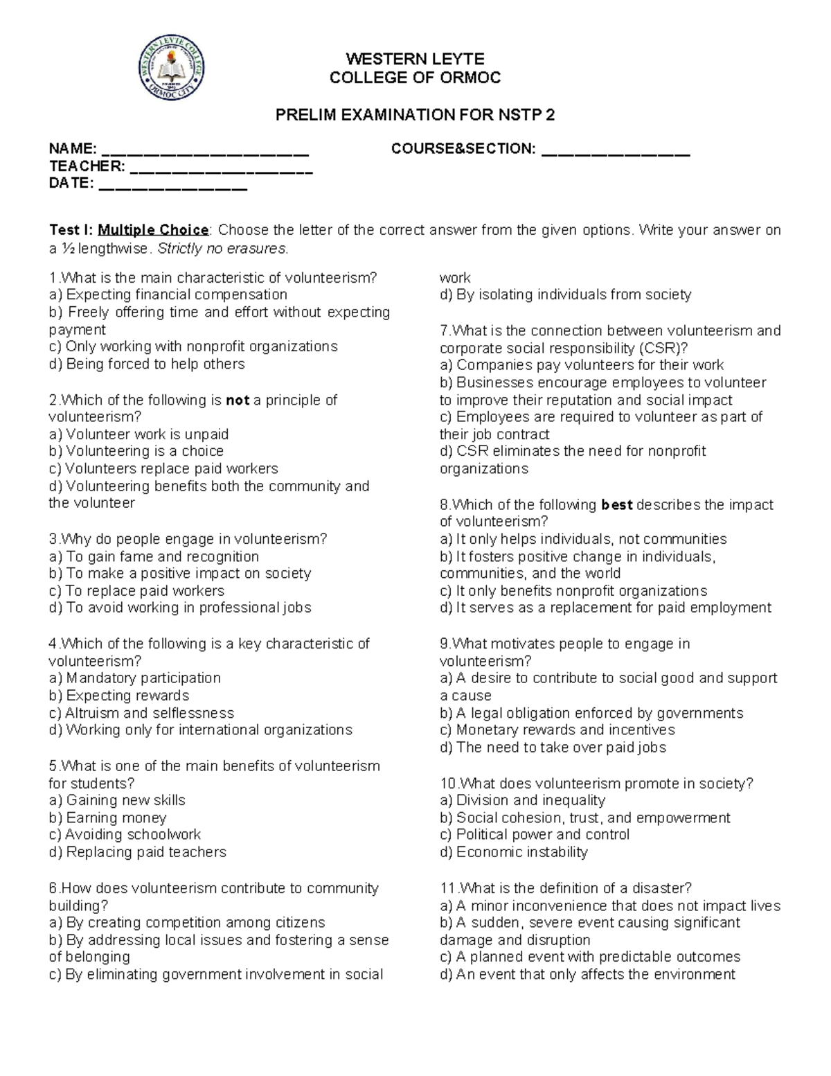 Prelim-NSTP2 - TEST - WESTERN LEYTE COLLEGE OF ORMOC PRELIM EXAMINATION ...