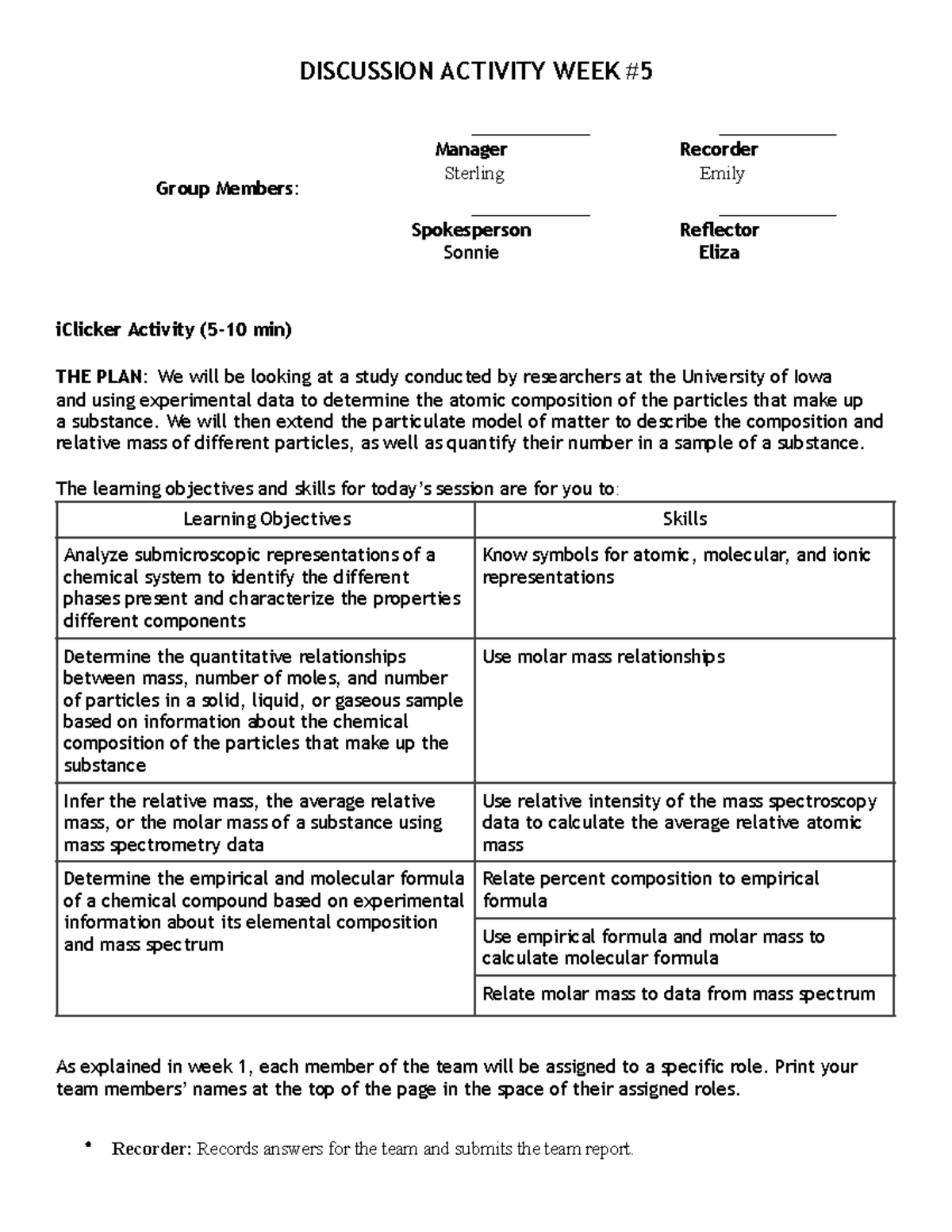 Discussion Worksheet Week 5 3 - DISCUSSION ACTIVITY WEEK # 5 iClicker ...
