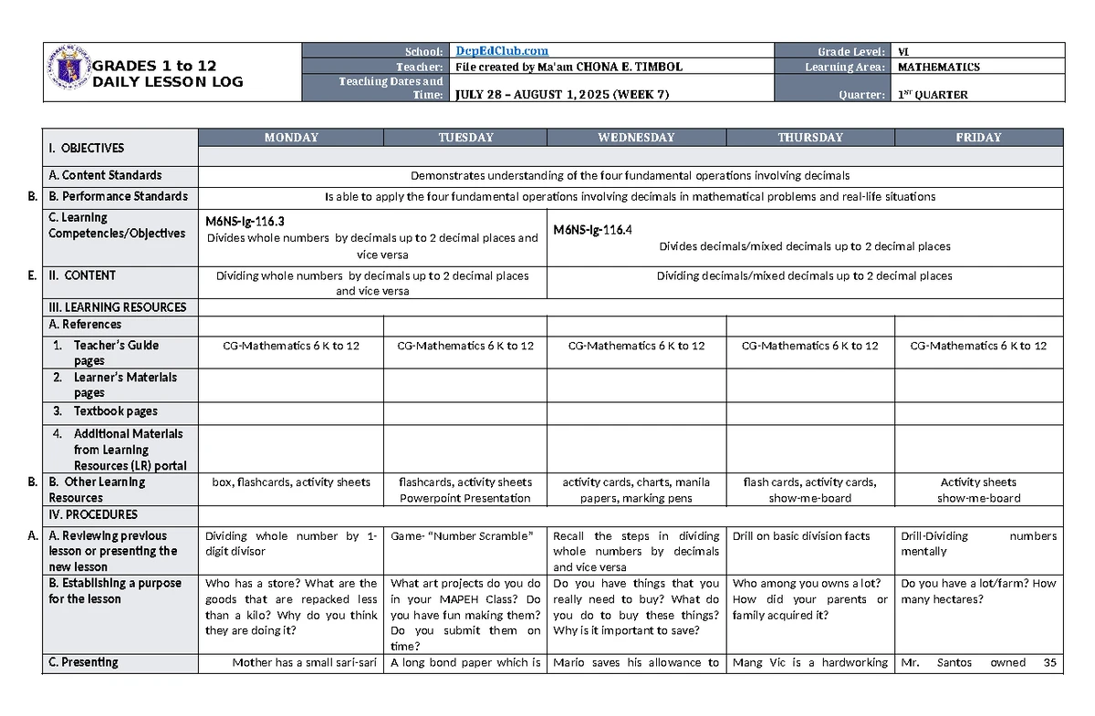 DLL Filipino 6 Q1 W7: Daily Lesson Log for Week 7 - Studocu