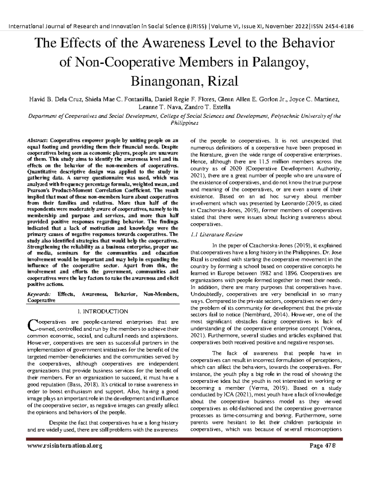 The Effects of Awareness on Cooperative Behavior in Binangonan, Rizal ...