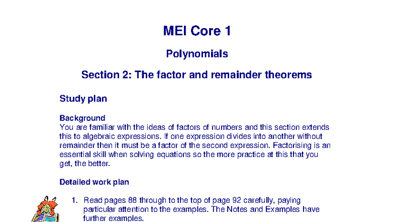 MEI C1 Polynomials Section 2: Factor and Remainder Theorems Study Guide ...
