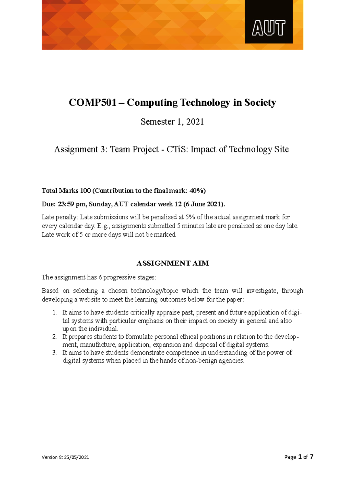 COMP501 S1 2021 Assignment 3 (Version 8) - COMP501 – Computing ...