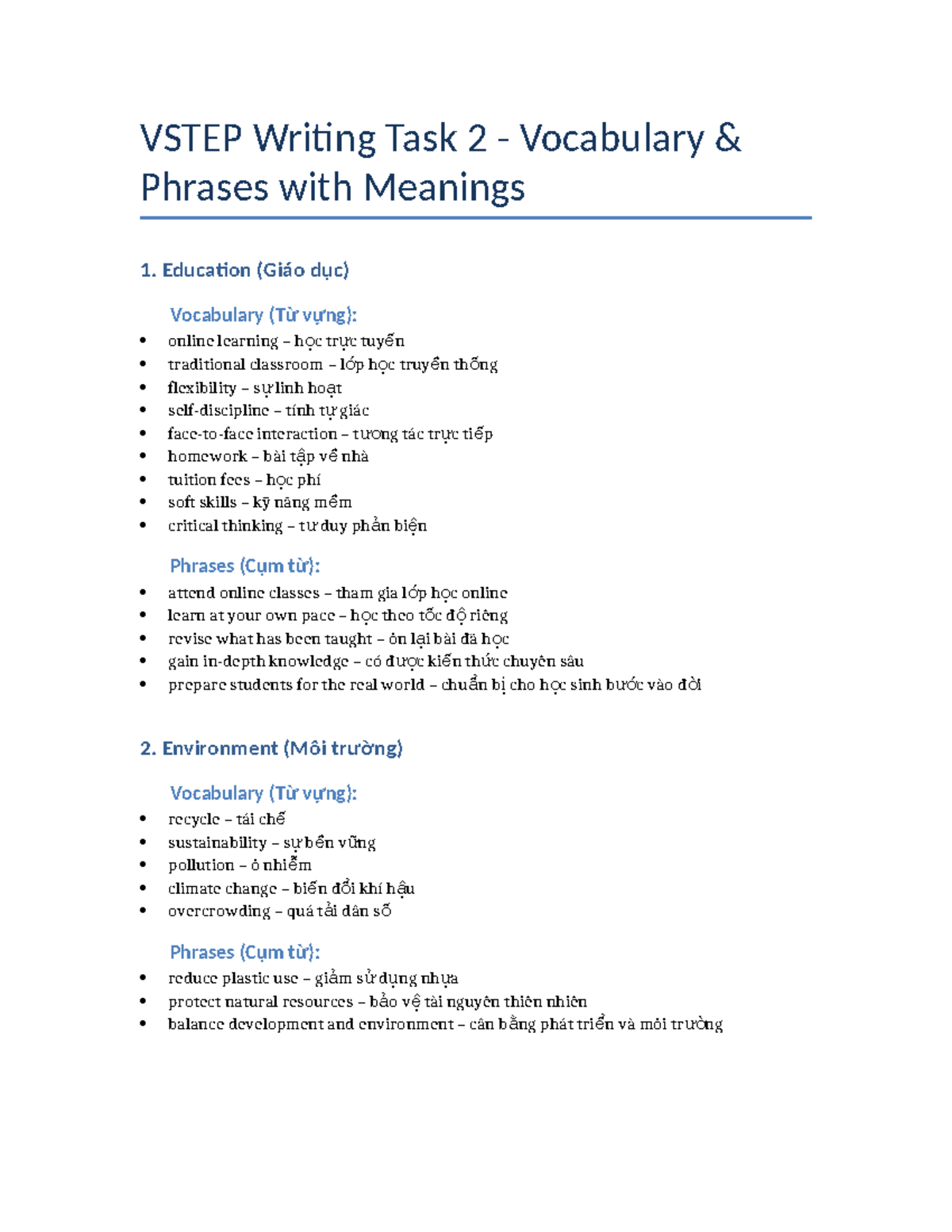 VSTEP Writing Task 2: Essential Vocabulary & Phrases for All Topics ...