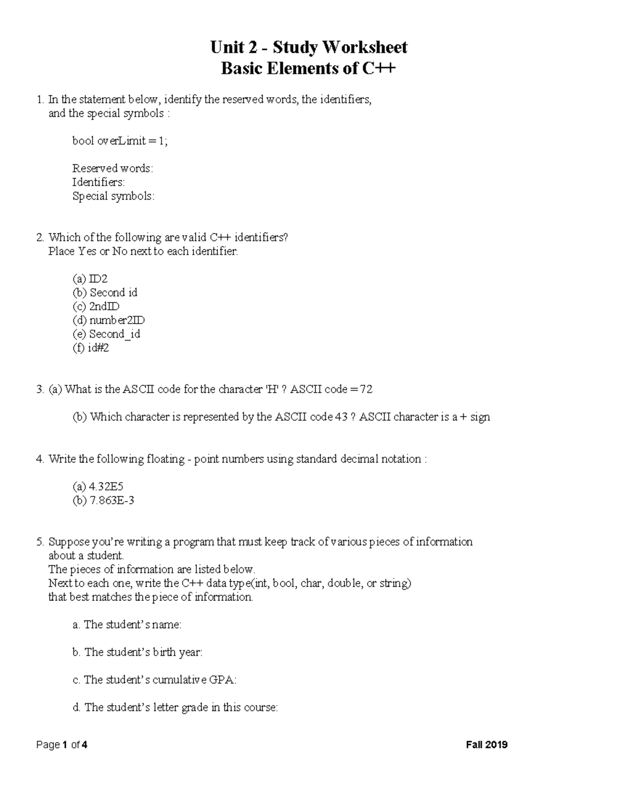 C++ Unit 2 - Study Worksheet on Basic Elements and Evaluations - Studocu