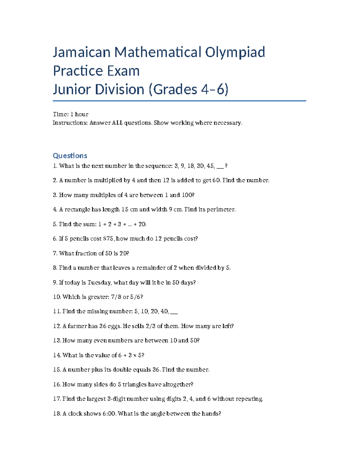 JMO Practice Exam: Junior Division Math Problems for Grades 4-6 - Studocu