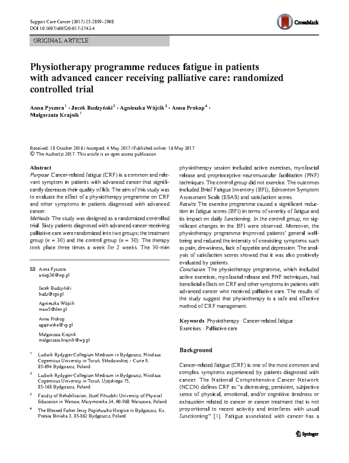 Physiotherapy Program Impact on Cancer-Related Fatigue: A RCT (520 ...