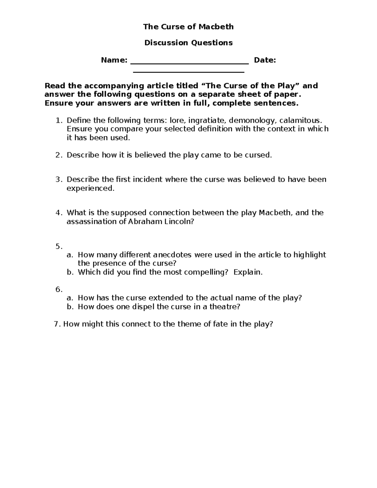 Macbeth (ENG 101) - Discussion Questions on the Play's Curse - Studocu