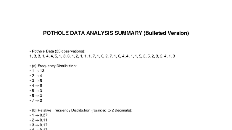 POTHOLE DATA ANALYSIS SUMMARY (Bulleted Version) - Studocu