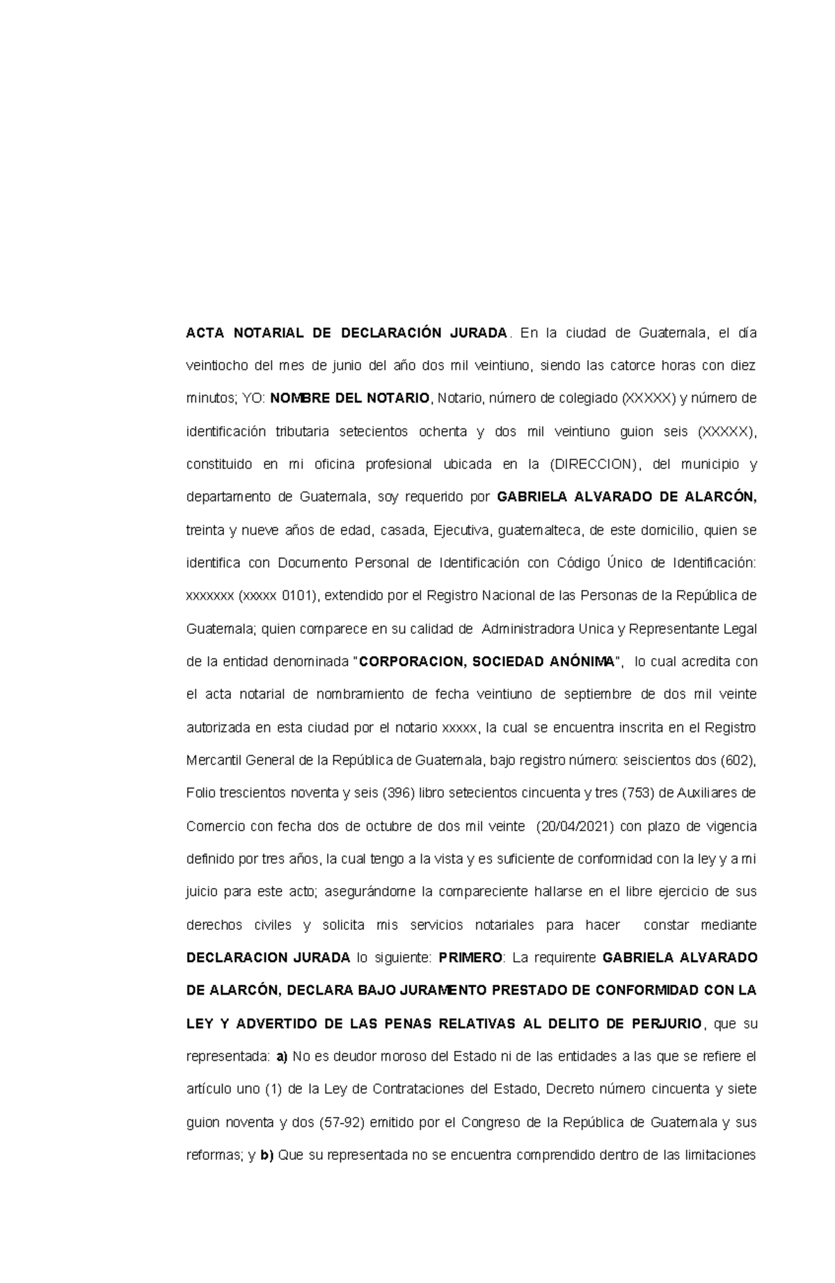 ACTA NOTARIAL DE DECLARACIÓN JURADA - GUATEMALA 2021 - Studocu