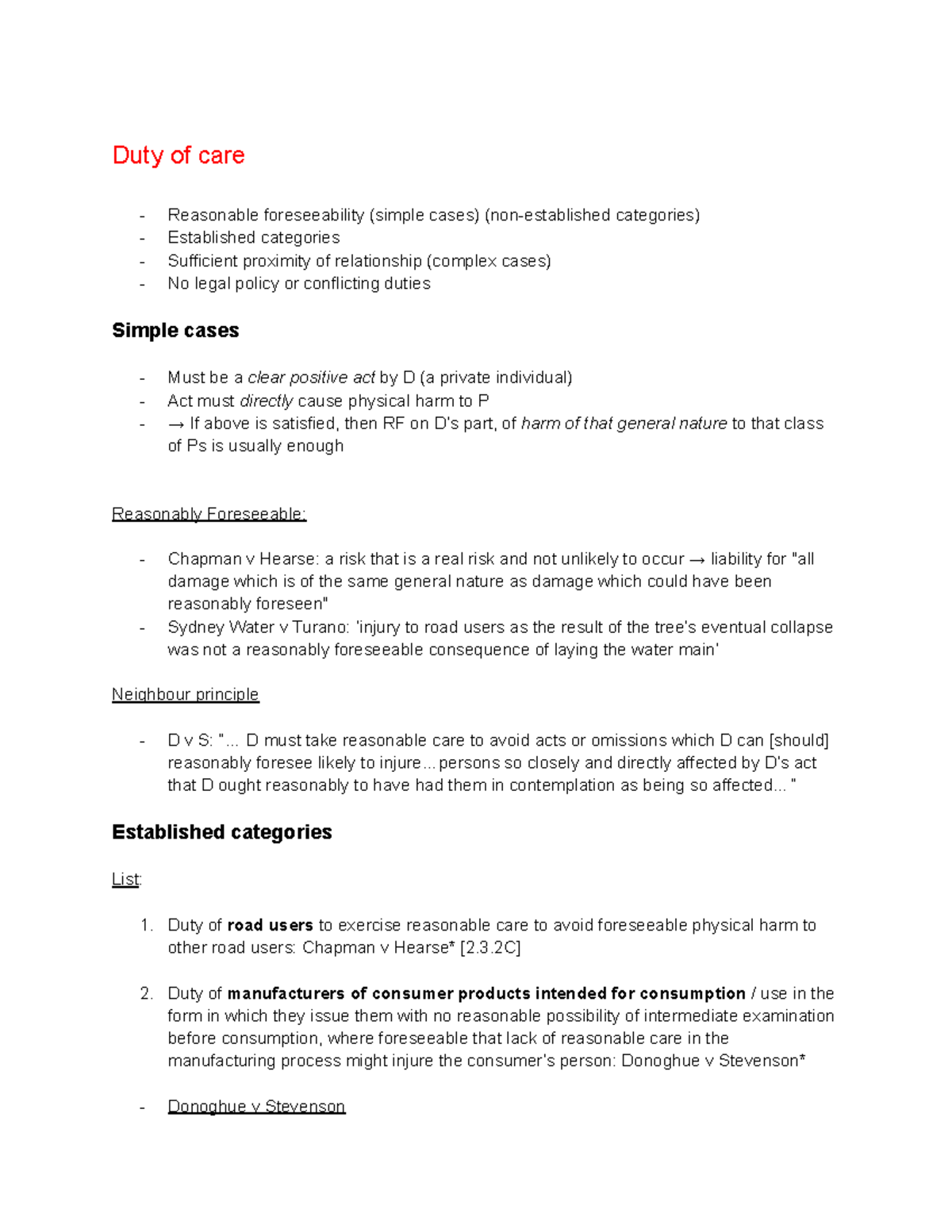 Torts LAW101: Comprehensive Exam Notes on Duty of Care Principles - Studocu