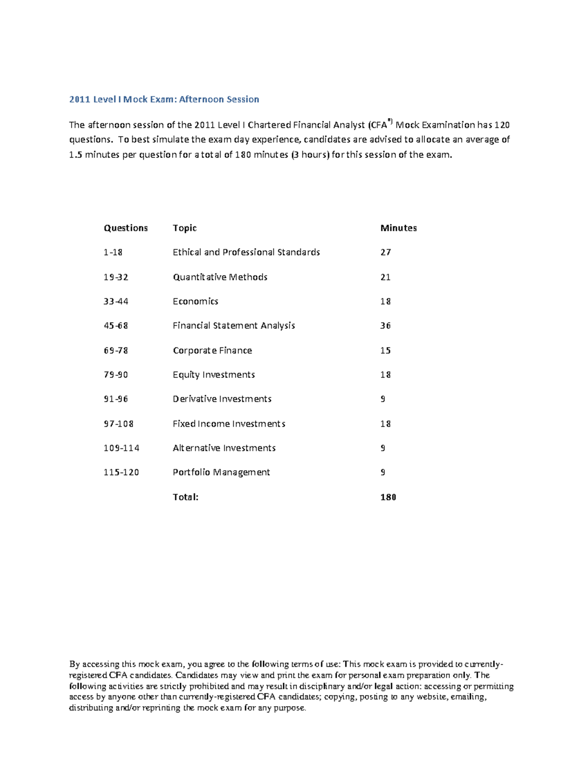 2011 CFA Level I Mock Exam Afternoon Answers and Explanations - Studocu