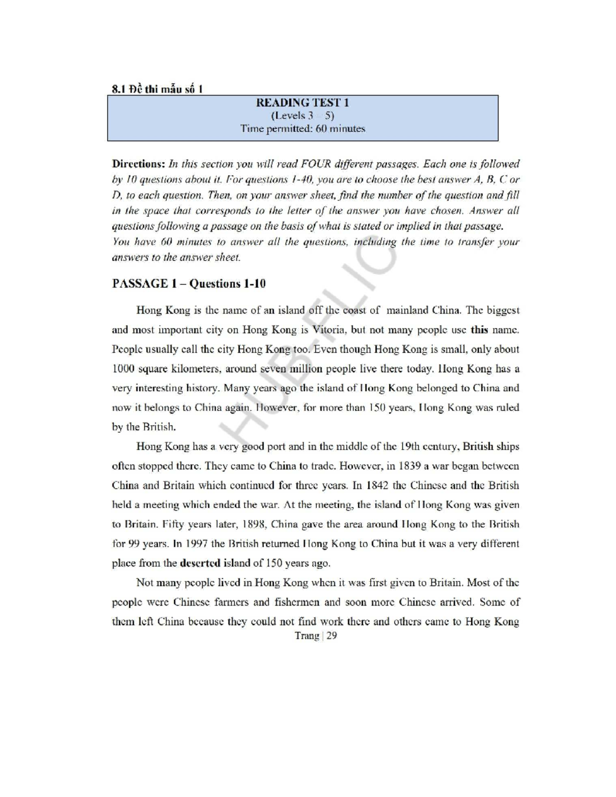 Practice TEST 1 - READING TEST (Levels 3-5) - Studocu