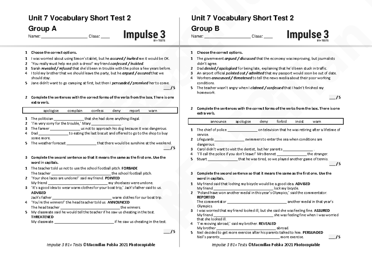 Unit 7 Vocabulary Short Test 2 A+B - Studocu