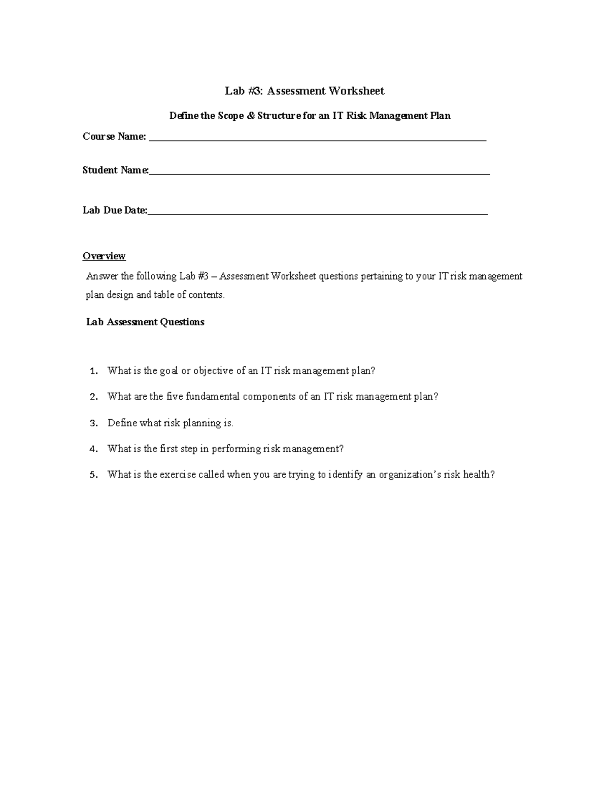Lab 3 - IT Risk Management Plan Assessment Worksheet - Studocu