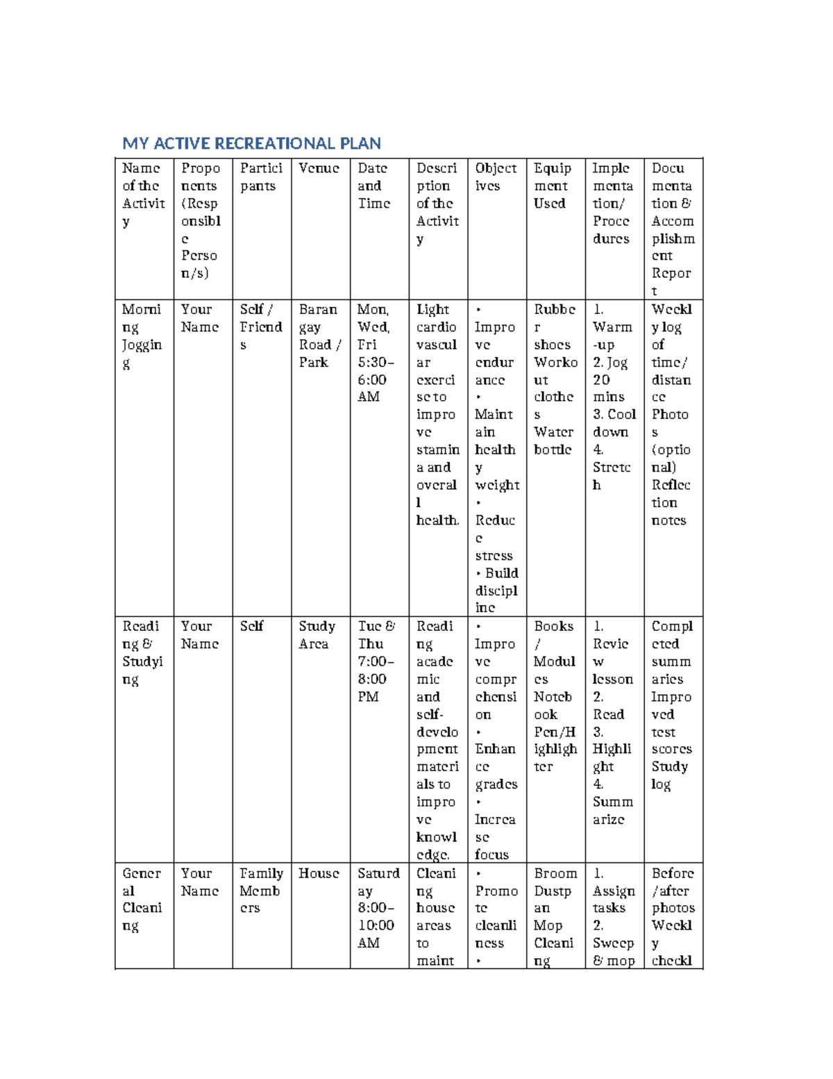 Active Recreational Plan: Weekly Activities & Objectives - Studocu