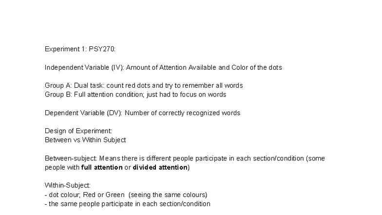 Experiments PSY270: Summary of Experiment 1 on Attention and Memory ...