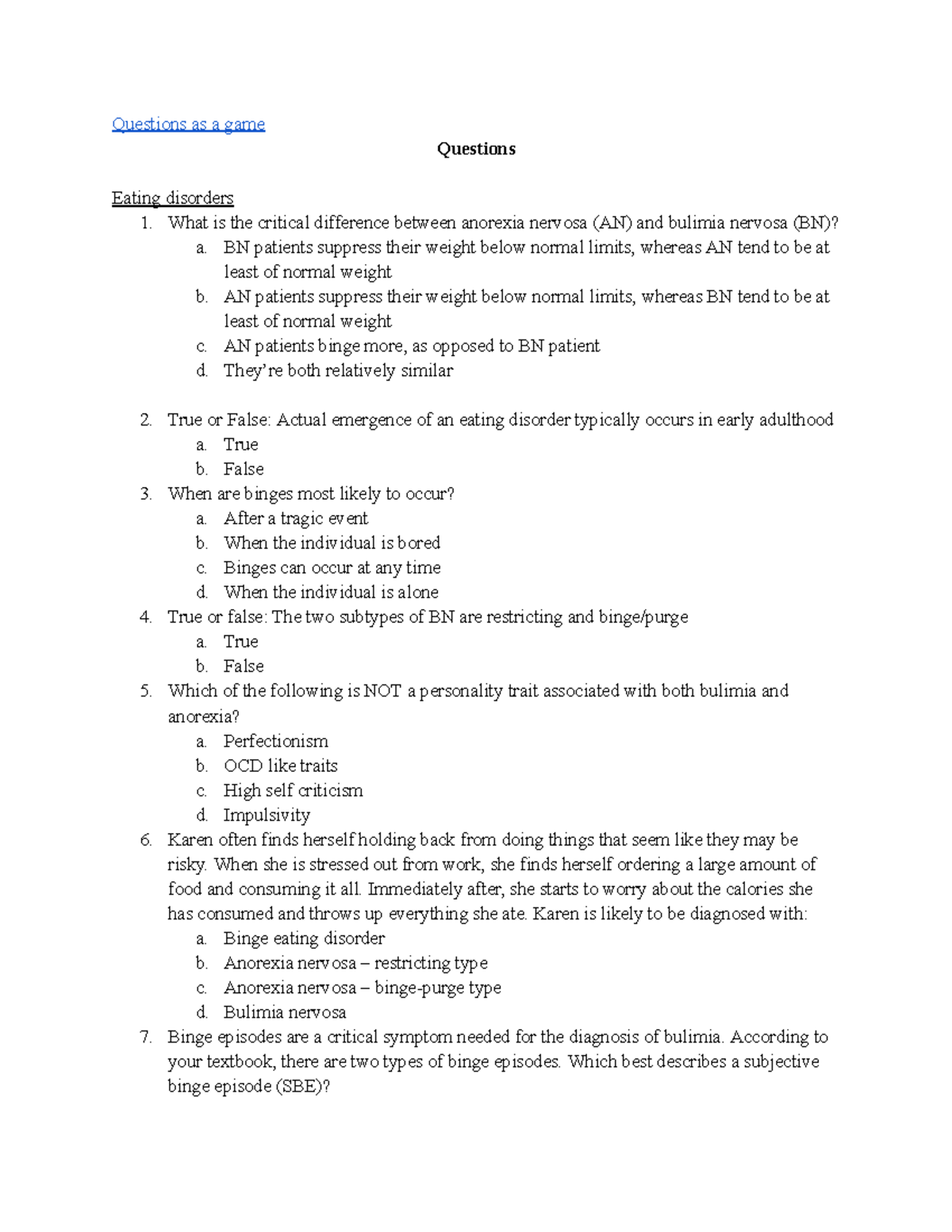Exam 3 Review Questions: Eating Disorders & Schizophrenia Insights ...