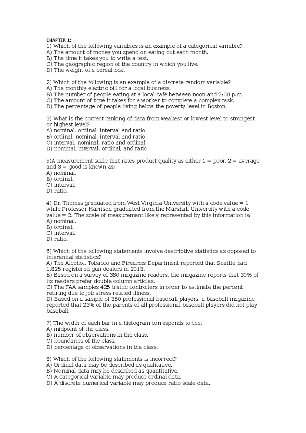 Chapter 1 - Statistics Self-Assessment Quiz (ST101) - Studocu