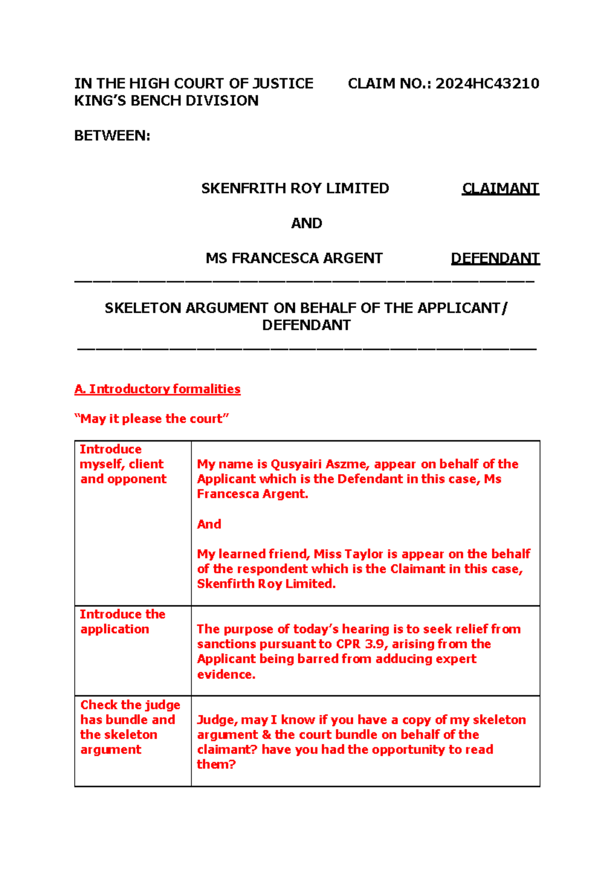 Skeleton Argument for Defendant in Claim No. 2024HC43210 - Studocu