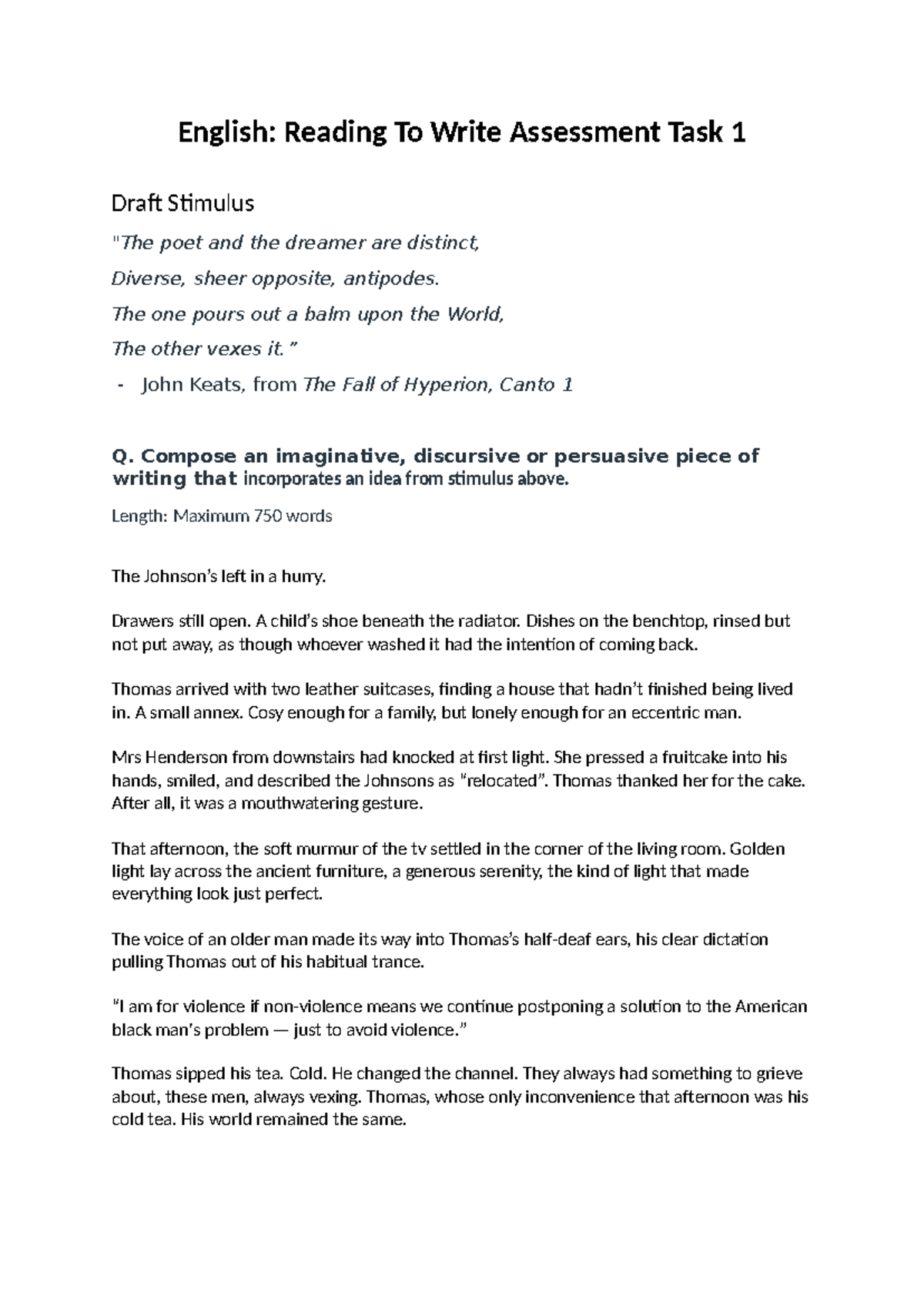 ENG: Reading to Write Assessment Task 1 - Draft Response to Stimulus ...