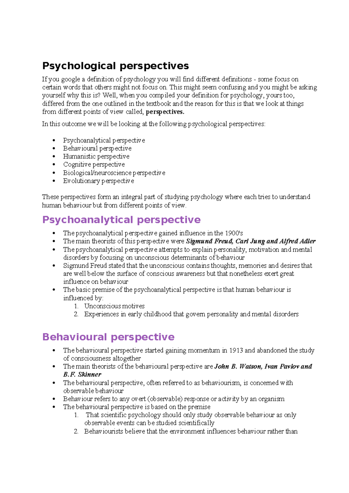 Psychological Perspectives: An Overview of Key Theories and Concepts ...