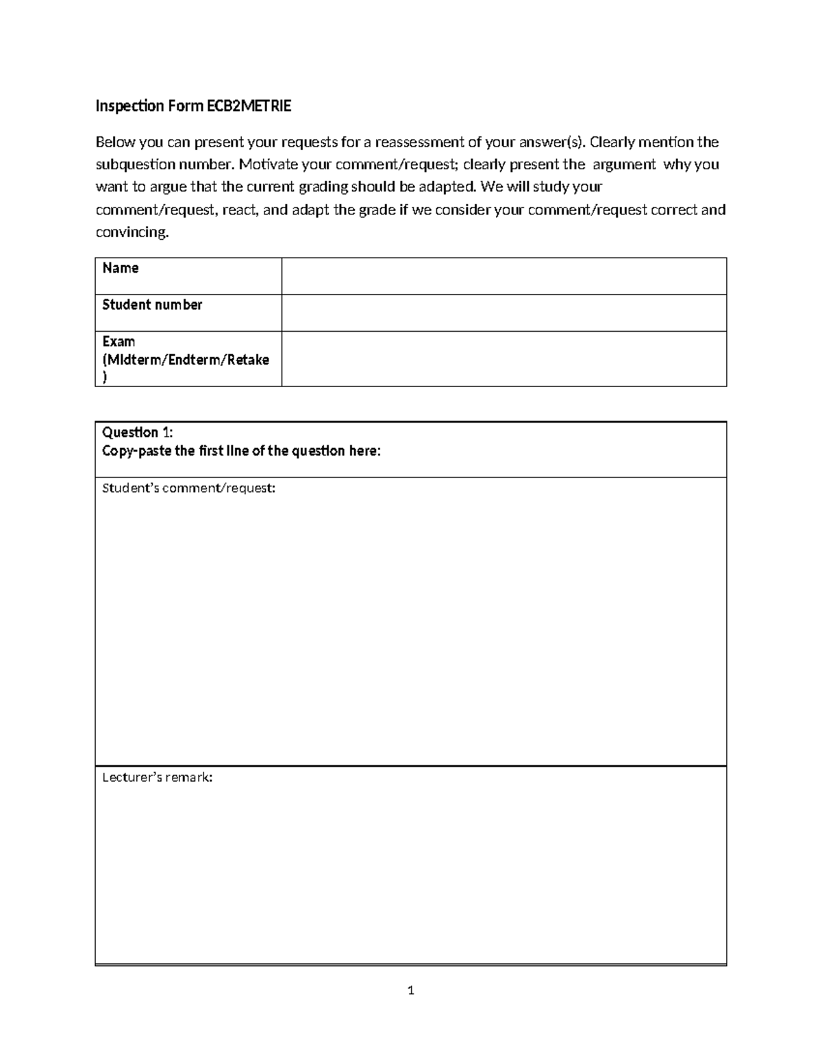 Inspection Form Exam - Inspection Form ECB2METRIE Below you can present ...