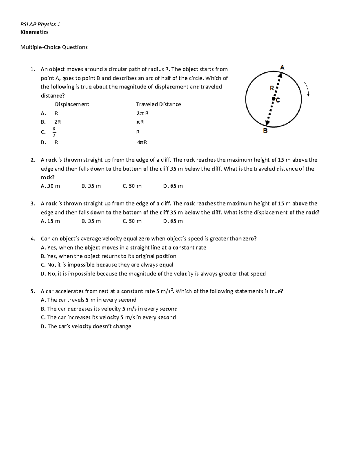 AP Physics 1 Kinematics 2D Practice Problems Solution Guide 2015-2016 ...