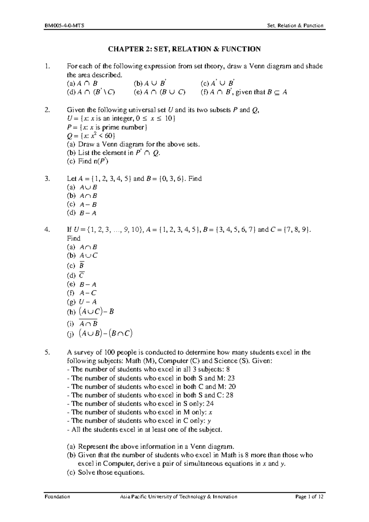 BM005 Set, Relation & Function - Chapter 2 Exercises - Studocu
