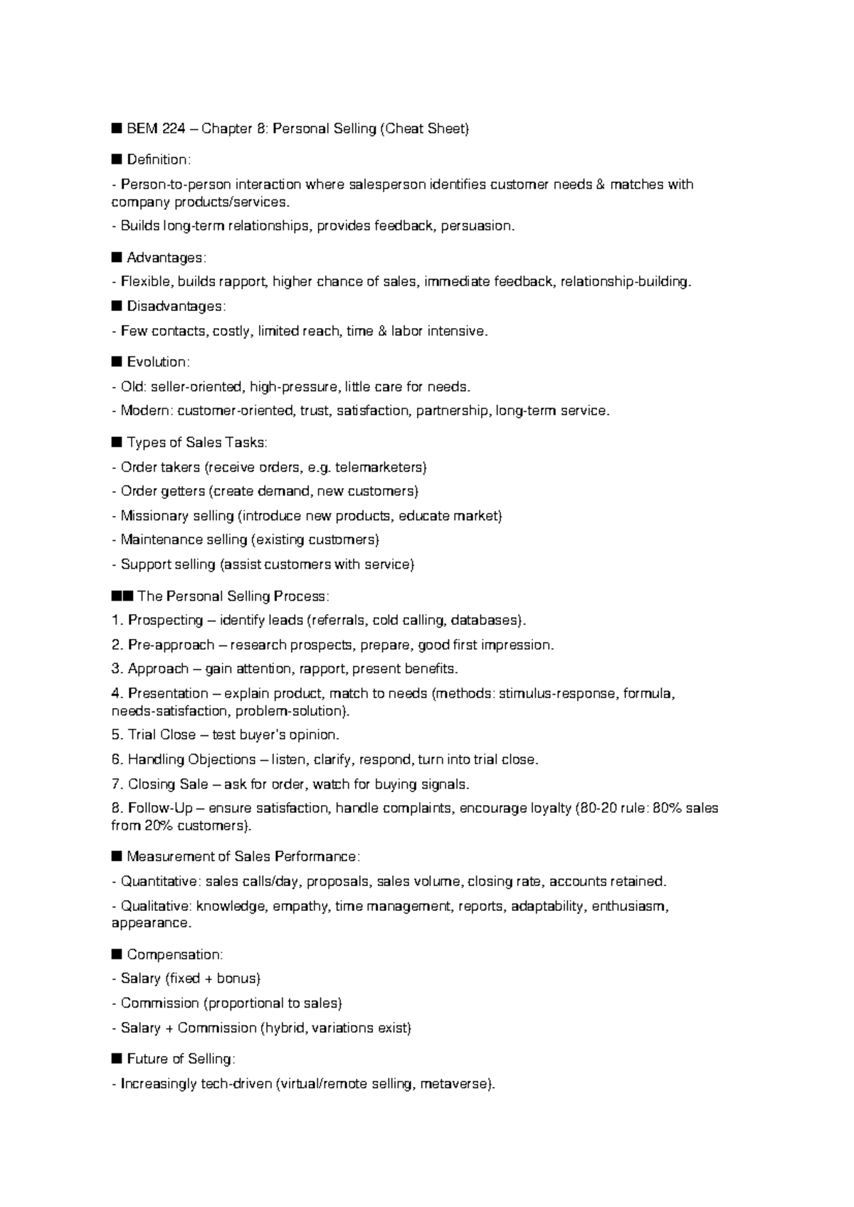 BEM 224 Chapter 8: Personal Selling Cheat Sheet Summary - Studocu