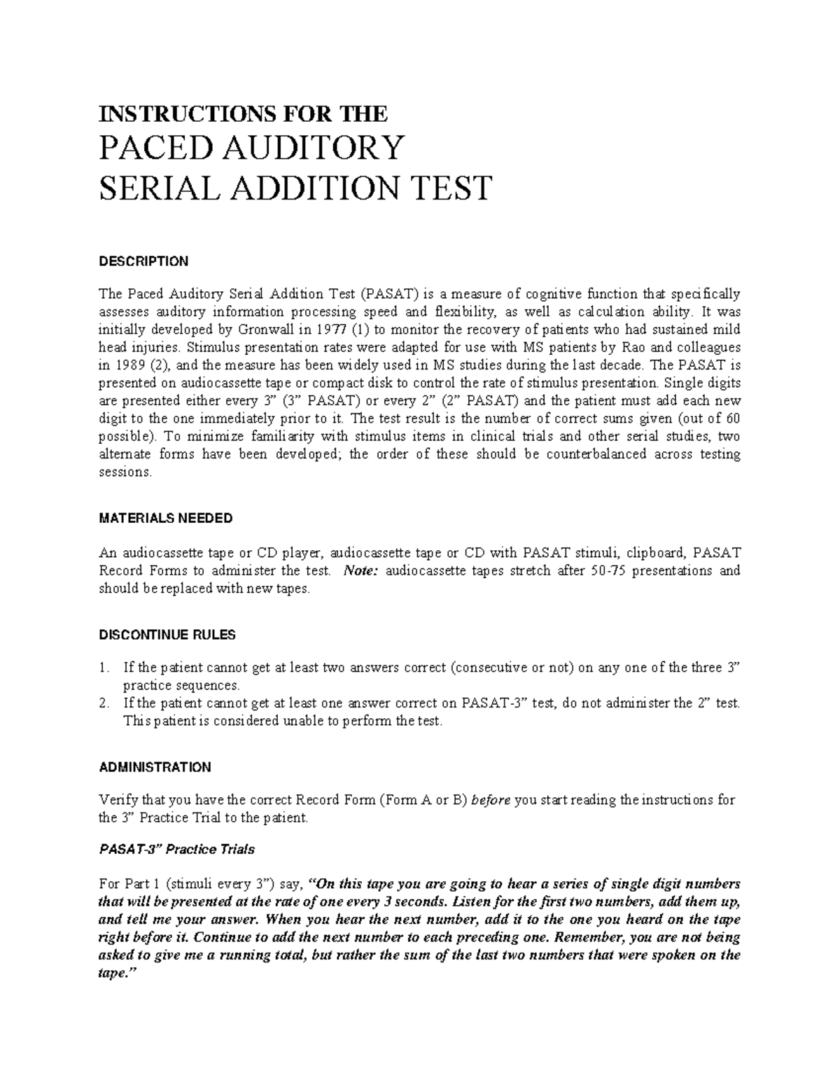 Pasat Manual - Resumen Construcción de Pruebas - INSTRUCTIONS FOR THE ...