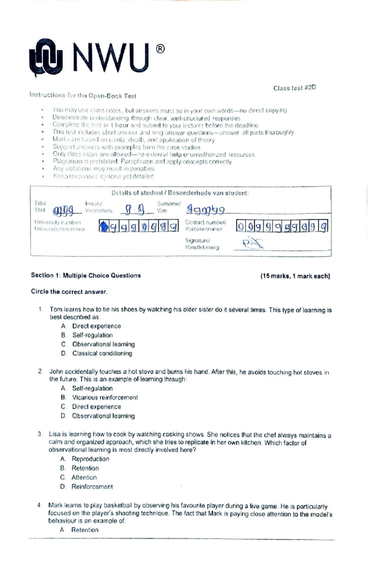 NWU Class Test: Instructional Guide for the Test on Learning Theories ...