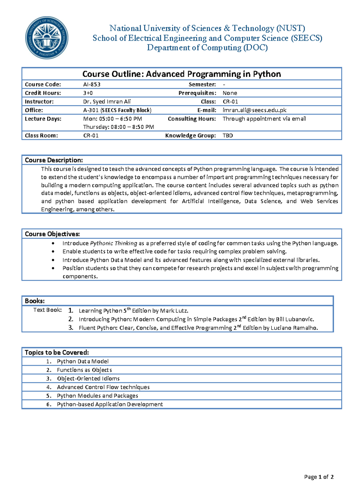 Course Outline: Advanced Programming in Python (SEECS) - Fall 2025 ...