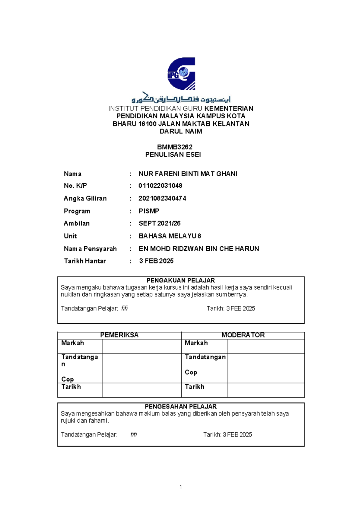 BMB3262 Kreativiti dan Estetika dalam Pendidikan: Pengakuan Pelajar - Document Preview