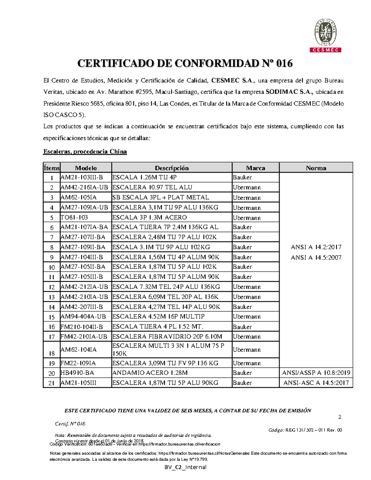 Certificado de Conformidad Nº 016 - Escaleras Ubermann para Obras Civiles - Document Preview