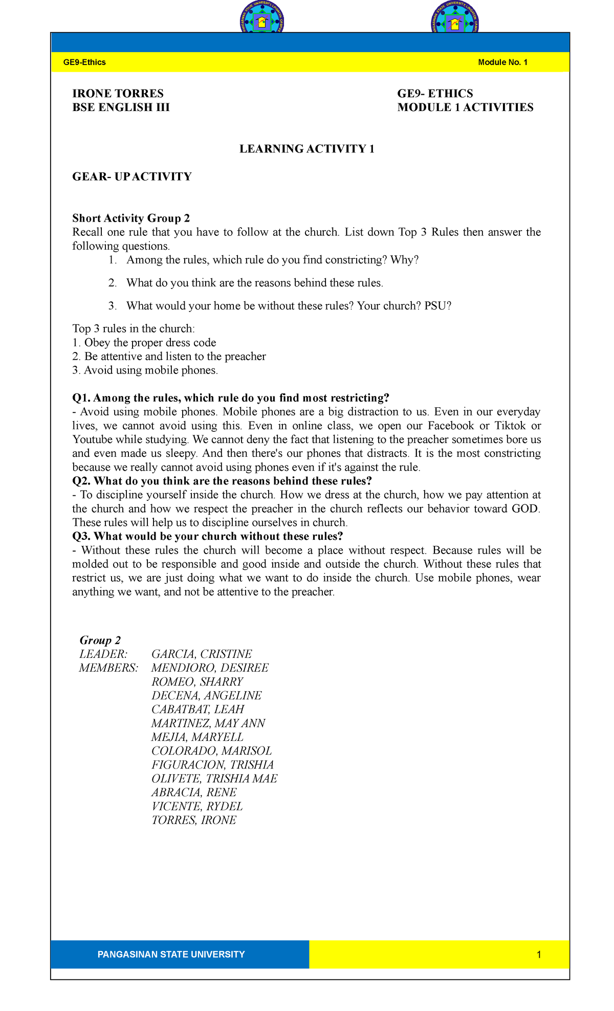 BSE ENGLISH III GE9 Ethics Module 1 Activities and Reflections - Studocu