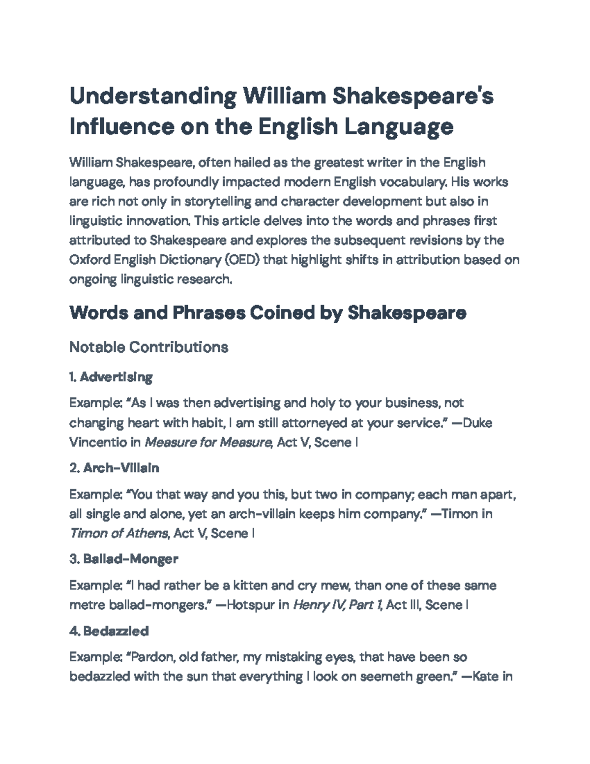 Shakespeare's Linguistic Legacy: Words and Phrases in English (ENG101 ...