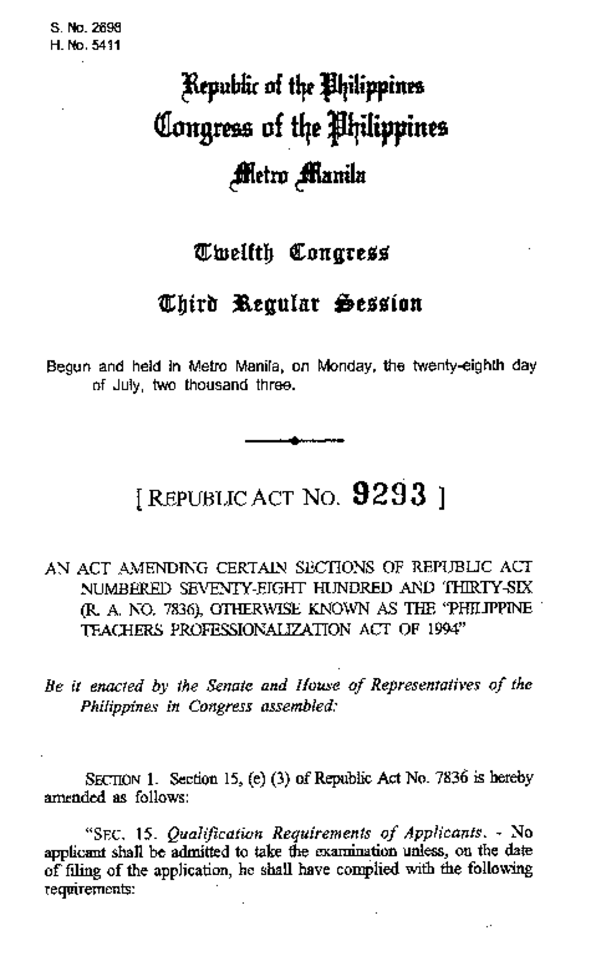 Republic Act No. 9293 - Lecture Notes on Teacher Professionalization ...