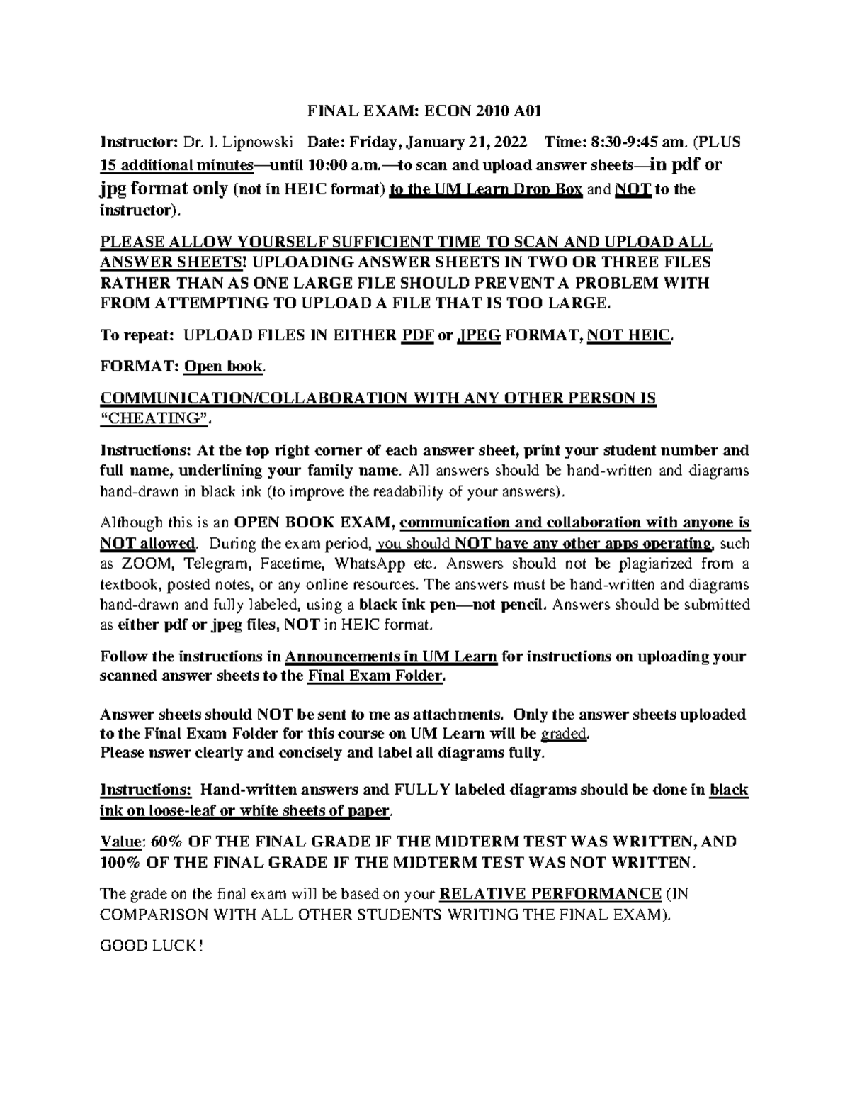 Final Exam Instructions for ECON 2010 A - Fall 2021 - Studocu