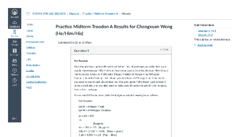 COMM 290 102 2021W1 Midterm Quiz Practice on Linear Programming - Studocu