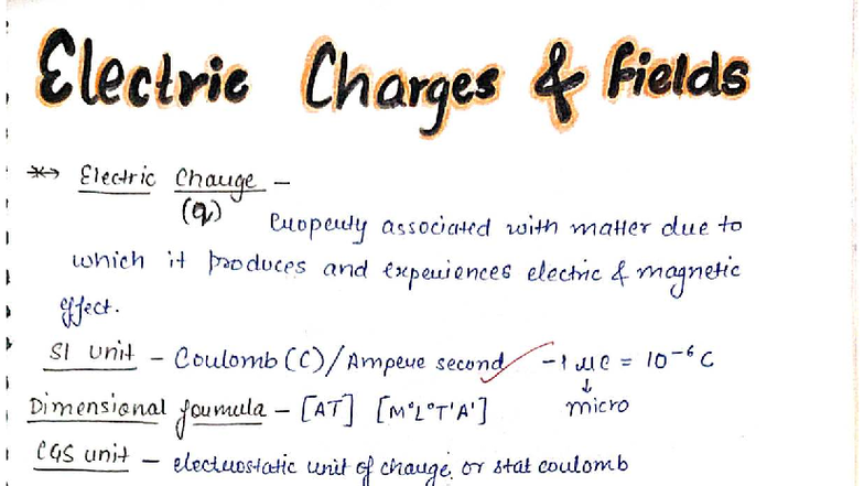 Class 12 Physics: Electric Charges and Fields Notes (UT2A) - Studocu
