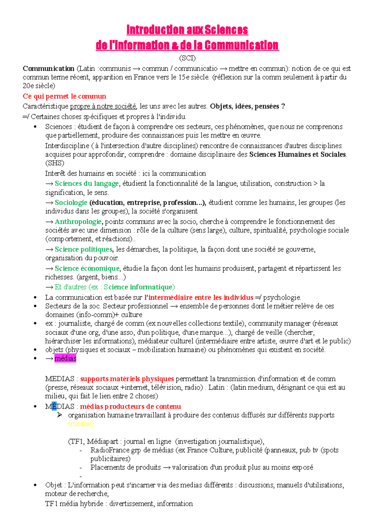 Introduction aux Sciences de la Communication (SCI) - Notes de Cours L1 ...