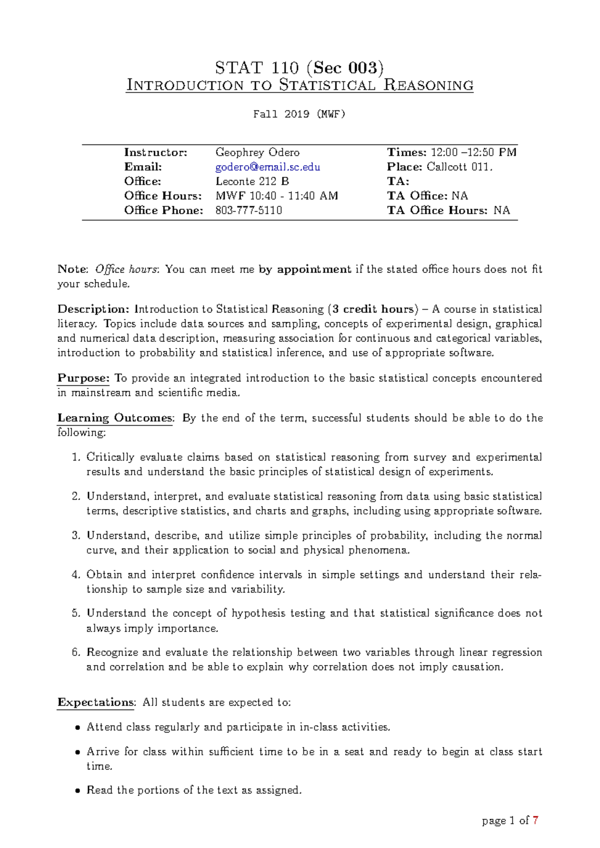 STAT 110 SEC 003 Fall 2019 Course Syllabus and Overview - Studocu