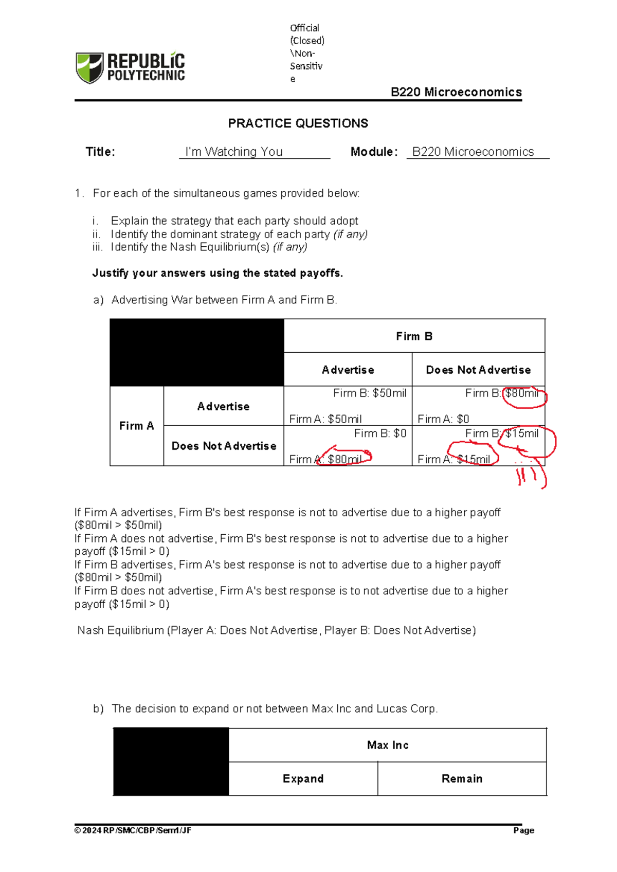 B220 Microeconomics Practice Questions and Strategies Analysis - Studocu