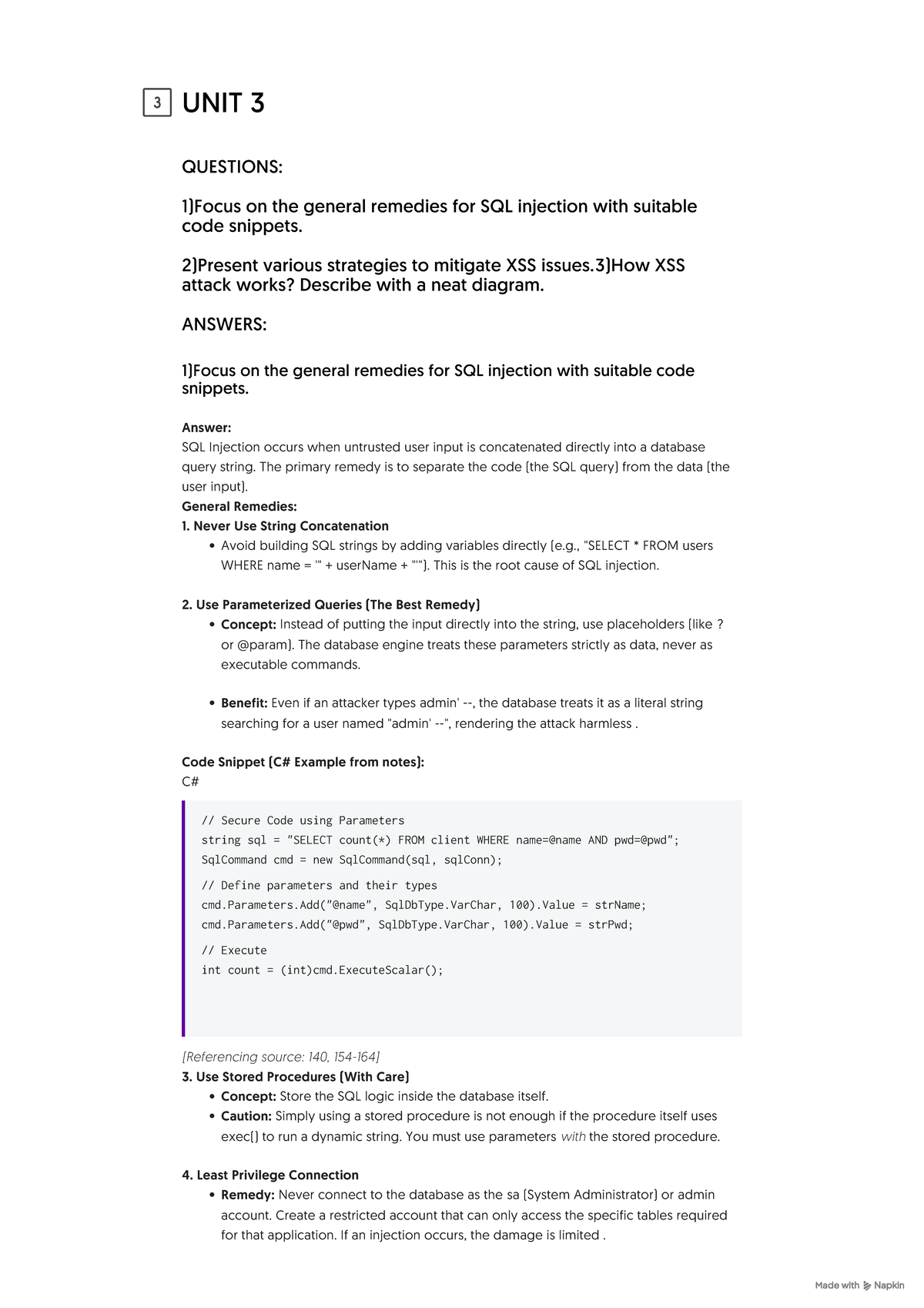 UNIT 3: Remedies for SQL Injection & XSS Mitigation Strategies - Studocu